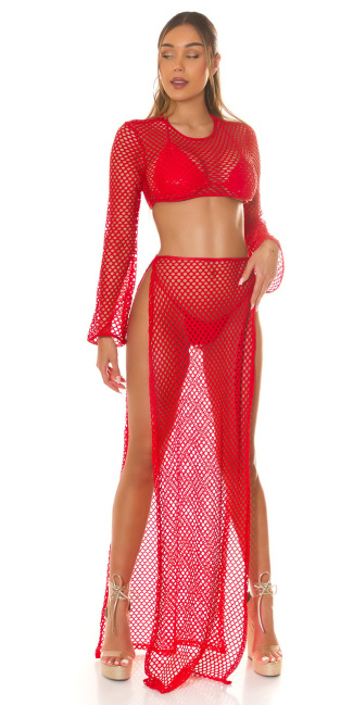 Hoge taille net maxi rok / cover-up rood